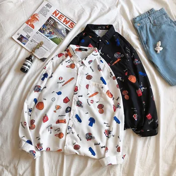 

Spring New Shirt Men Fashion Cartoon Print Casual Shirt Man Streetwear Trend Wild Loose Long-sleeved Shirt Male Clothes M-2XL
