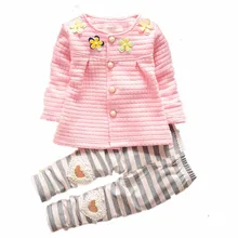 Демисезонный Детские Одежда для девочек детская хлопковая куртка для девочек с цветочным принтом, полосатые штаны 2 шт./компл. модные Одежда для новорожденных спортивный костюм для маленьких детей