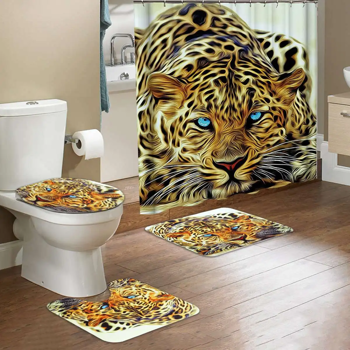 

1 Set Leopard Printed Waterproof Polyester Shower Curtain Pedestal Toilet Seat Mat + Lid + Bath Mat Home Bathroom Curtain Decor