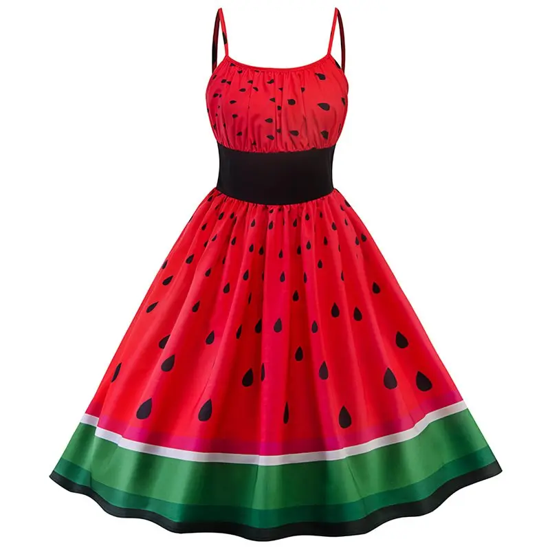 

Vintage Dresses Women Cute Watermelon Print Red Sweet A Line Swing Hot Sale Fashion Summer Backless Elegant Chic Strap Dress