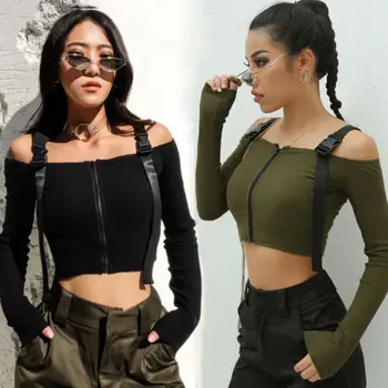

Ladies Sexy Solid Zip Up Sweater Plus Size Women Autumn Slim Off Shoulder Long Sleeve Knitted Crop Tops