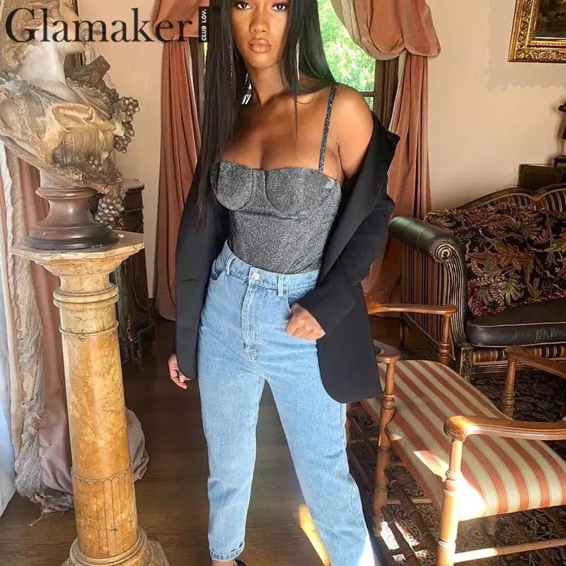 Женский облегающий боди Glamaker цельный комбинезон без рукавов с люрексом для