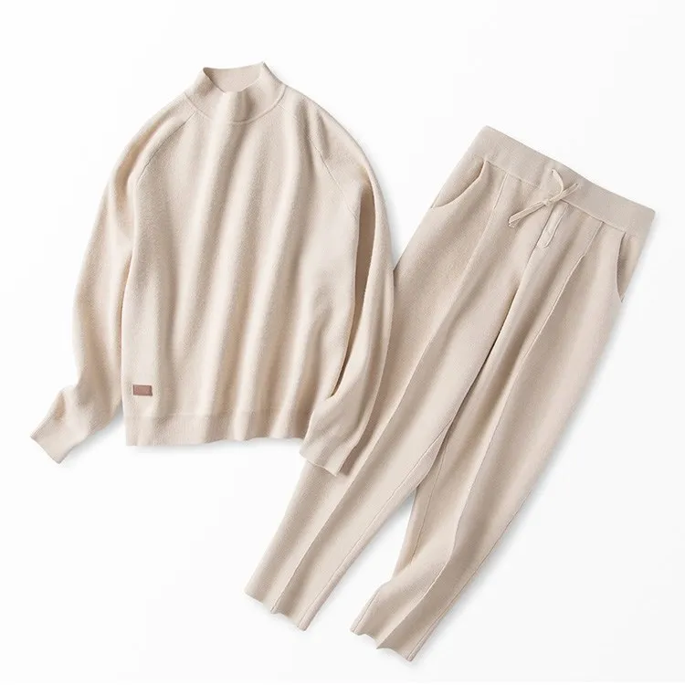 Cashmere Cotton Wool Blend Thick Knit Women Fashion Sweatshirts Tracksuit Pullover And Pants 2 Piece Set