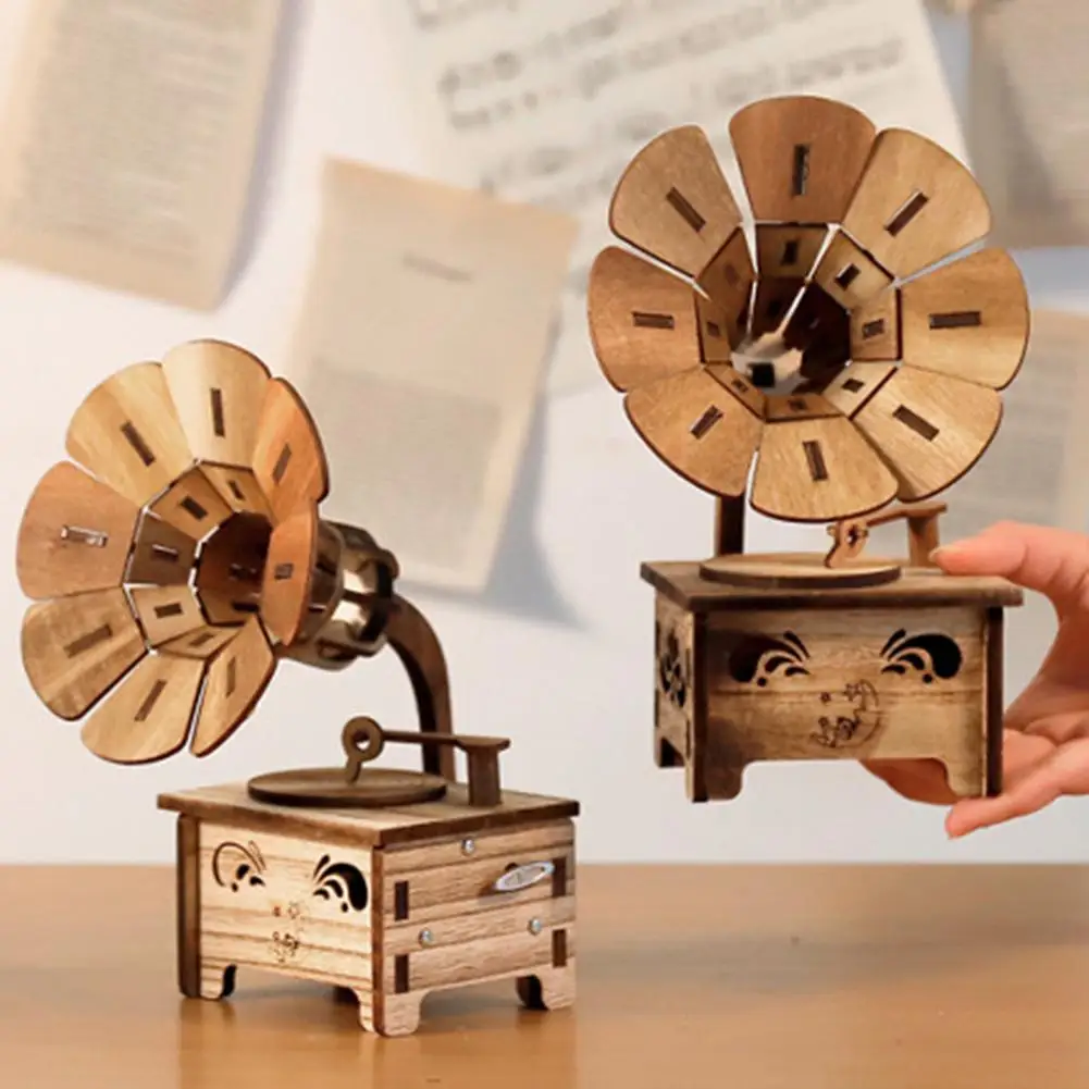 Vintage Gramophone DIY Wooden Musical Box Home Decor Birthday Gifts Art