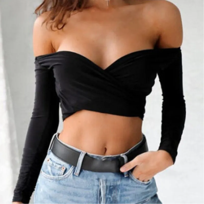 

2019 Hot Sale Women Sexy Tops Cross Long Sleeve Lady Girl Crop Tops Off Shoulder T-shirt Summer Women 3 Colors