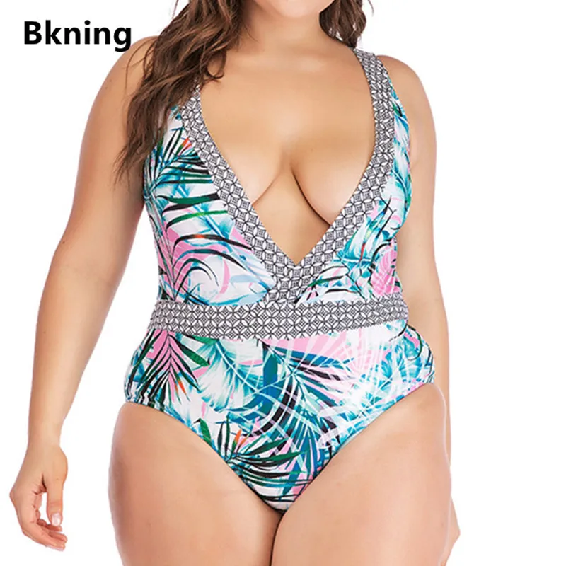 

Bkning Sexy Deep V Swimsuit Plus Size Swimwear Large Cut Out Bathing Suit One Piece 1 Swimming Suits for Women Leaf Print 4XL