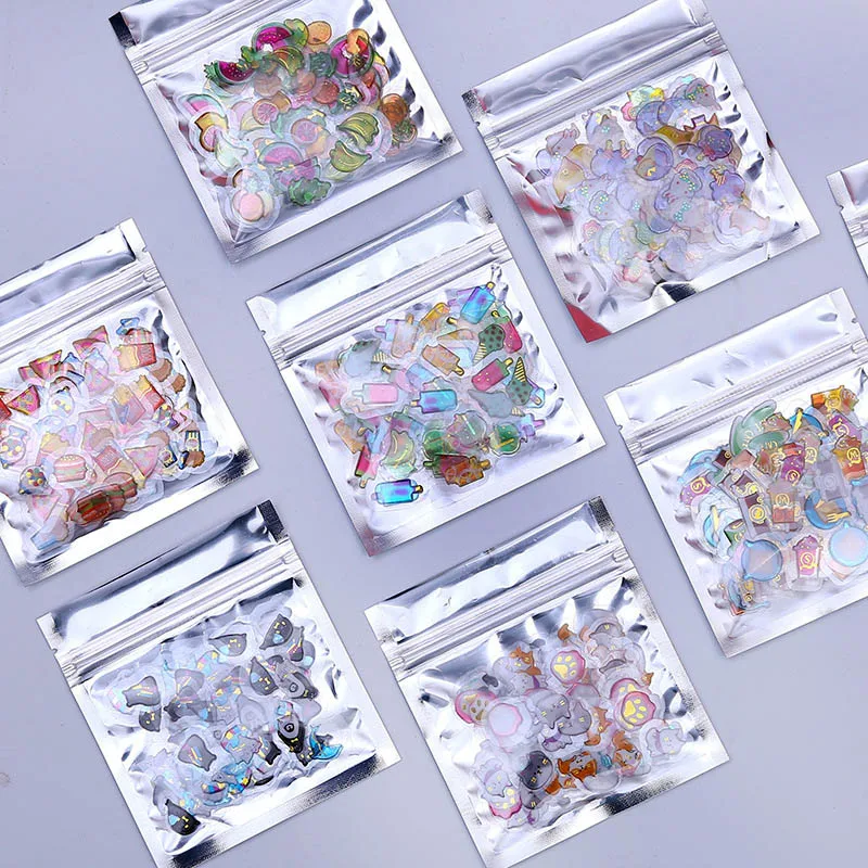 

100Pcs/Bag Cute Foil Stickers Kawaii Cartoon Adhesive Stickers Jelly Color Stickers For DIY Decorative Scrapbooking Supplies