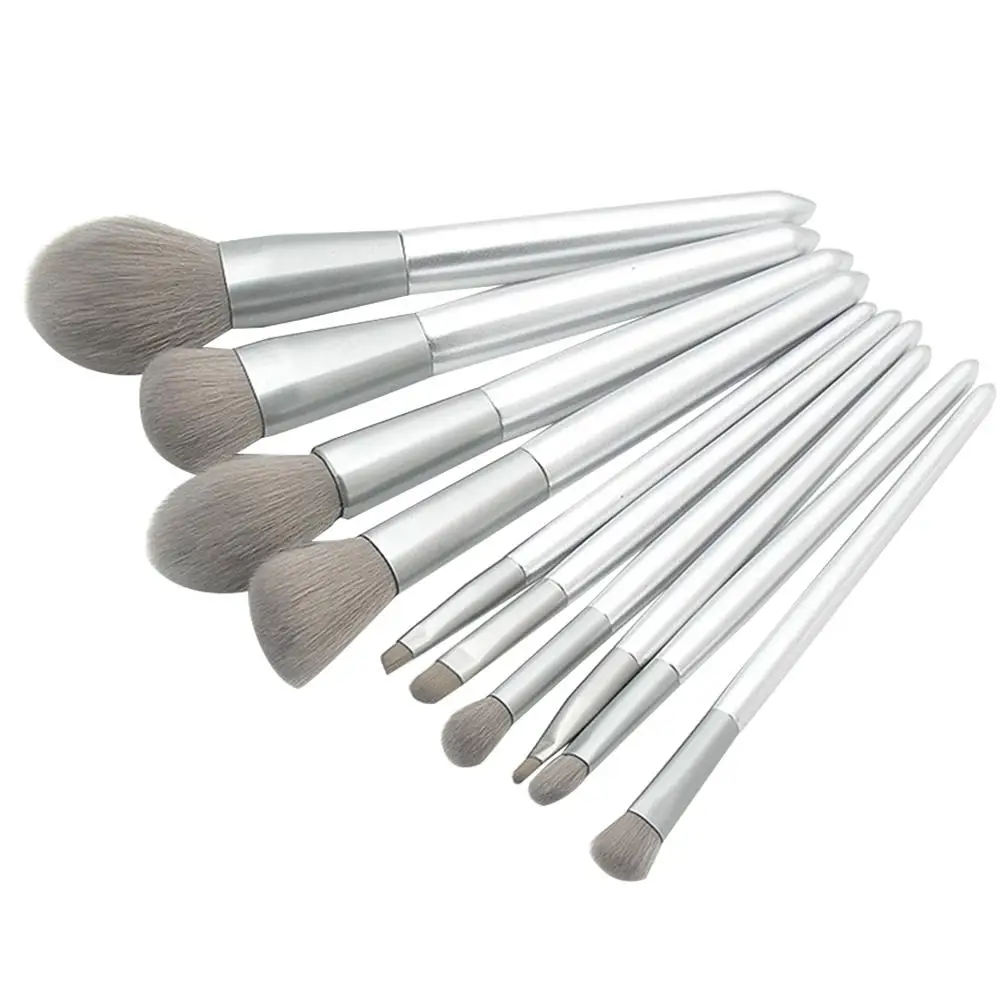 

10Pcs Silver Wooden Handle Brush Set for Cosmetics Foundation Concealer Powder Blush Blending Face Eye Shadows