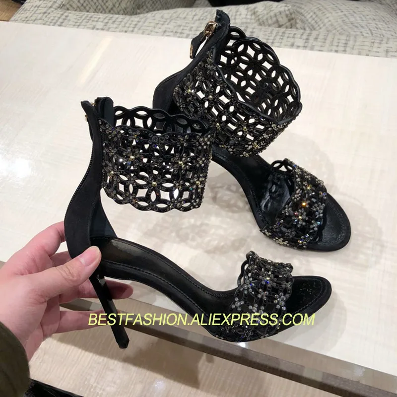 

New Spring Summer Shoes Woman High Heels Sandals Designer Crystal Back Zip Ankle-Wrap Sexy Hollow Woman Sandals Party Shoes