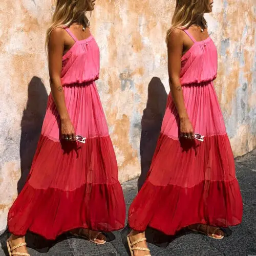 

New BOHO Women Ladies Pink Dress Summer Beach Midi Dress Rose Red Patchwork Holiday Strappy Maxi Sun Dresses