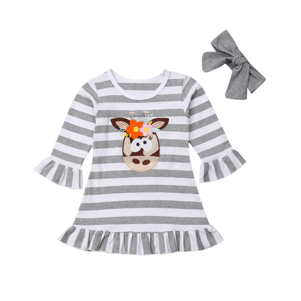 

1-6Y Toddler Kids Baby Girl Dress Ruffles Long Sleeve Floral Cartoon Animal Striped A-line Princess Girls Party Dresses Clothes