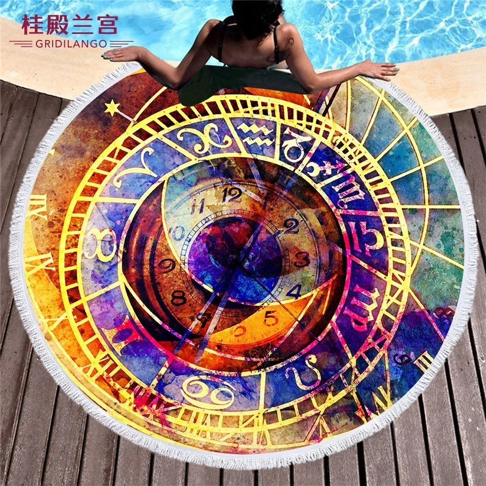 

GRIDILANGO Colorful Fantasy Clock Pattern Round Beach Towel For Adult Quickly Absorbtable Travel Outdoor Yoga Mat Bath Towel