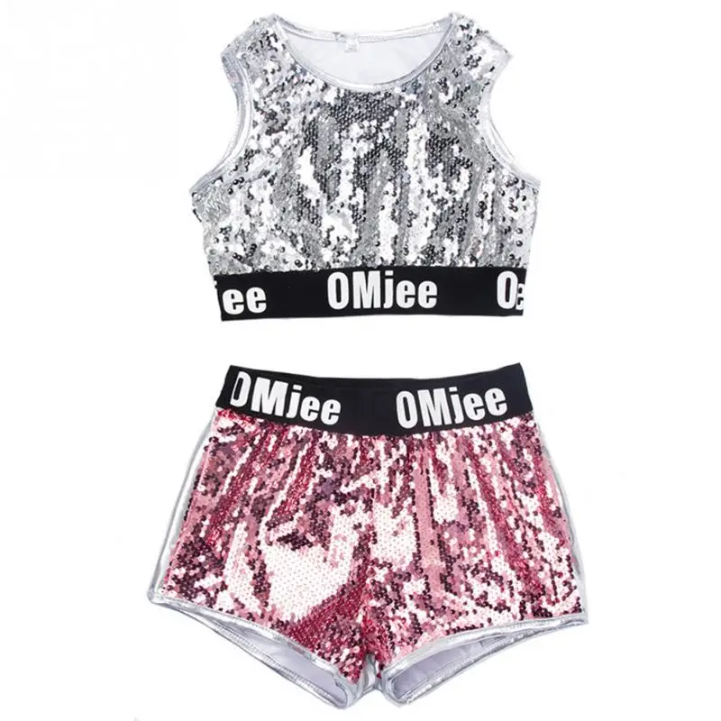 

Girls Hip Hop Sequins Costume Performance Vest + Shorts Clothes Suit Kids Dance Clothes Set