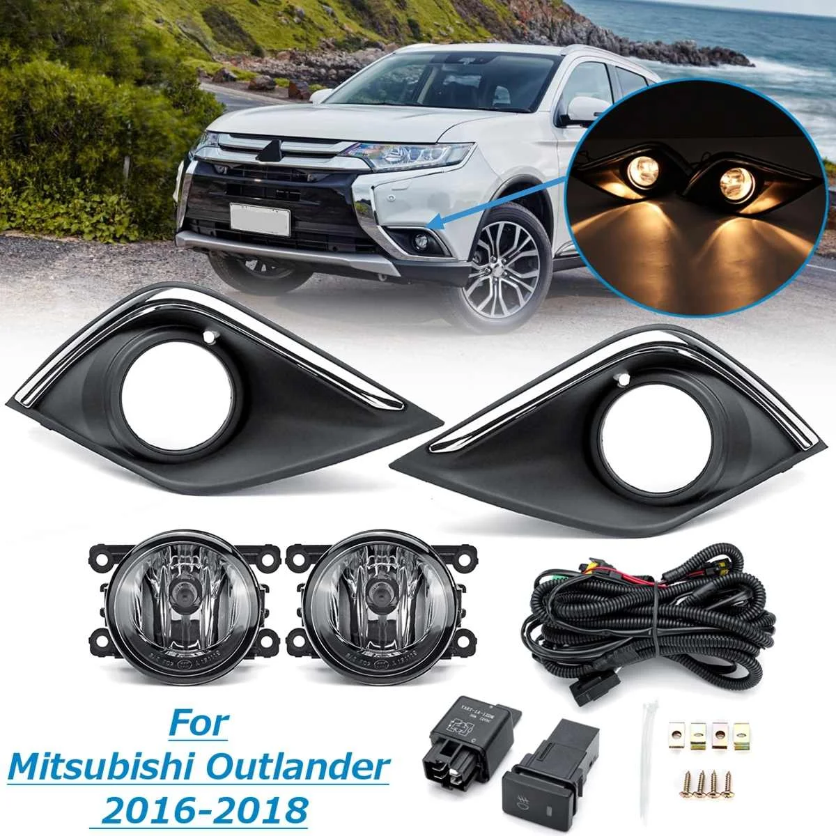 

For Mitsubishi Outlander 2016 2017 2018 1 Pair Car Bumper Fog light Lamp With Cover Grill Harness Kit Daytime Light Styling