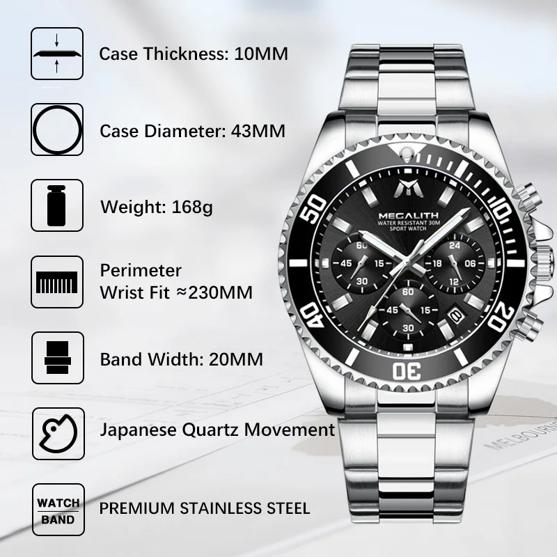 MEGALITH модные мужские часы Топ бренд класса люкс Хронограф Colck Мужские Reloj Hombre 2019