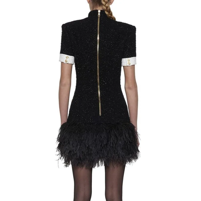 Hit Donne Del Vestito Twotwinstyle Delle Orlo Piuma 2019 Di Patchwork Colore Manica Vestiti Modo Molla Corta Basamento Femminile Elegante Black Collare p8wStwq5