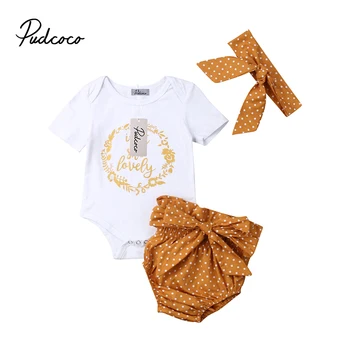 

Pudcoco Newborn Baby Girls Isn't She Lovely Romper Tops Jumpsuit Bowknot Ruffle Shorts Headband Outfits Summer Clothes Set 3pcs