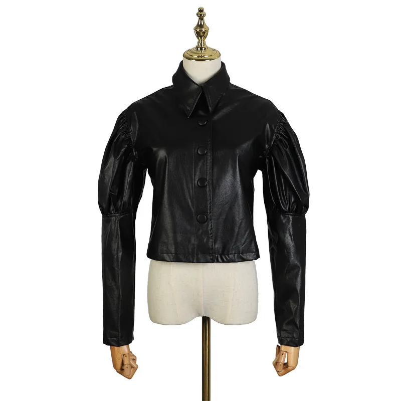 Court En Manches Long Bouffantes Printemps Collar Le089 Solide black down Turn Élégant Pu Poitrine Brown eam Couleur Manteau 2019 Cuir Unique Femme nqag8nY60