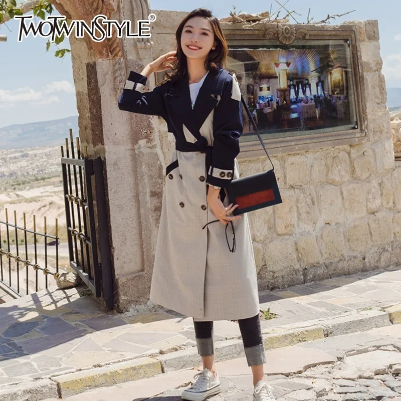 

TWOTWINSTYLE Korean Plaid Trench Coat Female Long Sleeve Lace Up Hit Colors Women's Windbreakers Spring Autumn 2019 Fashion New