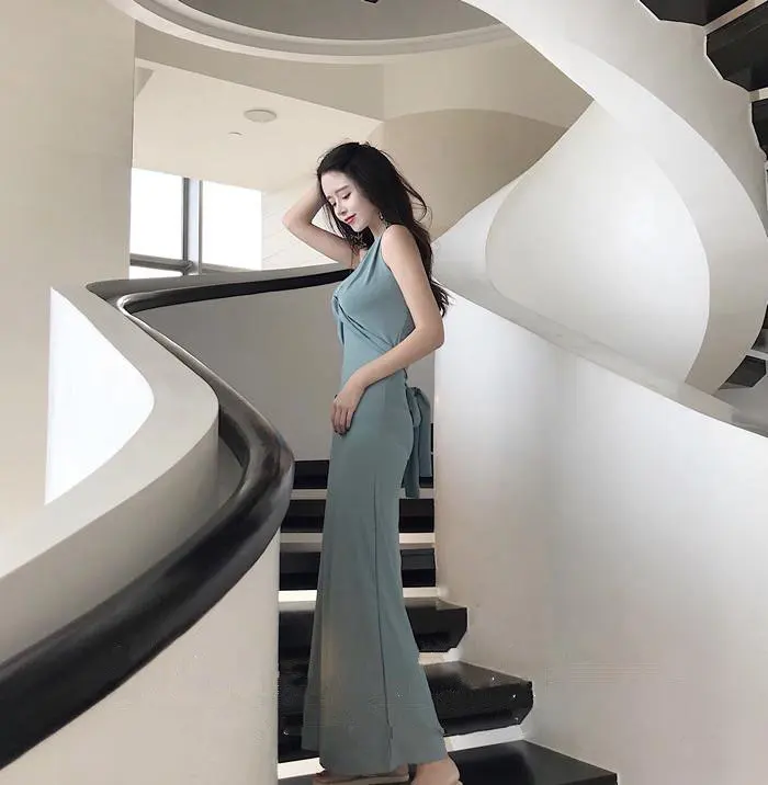 

Hong Kong 2018 summer Korean version light blue halter neck high waist straps bow vintage simple slimming ankle-length dresses