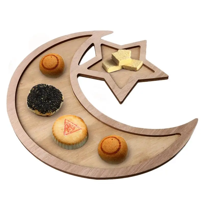

Eid Ramadan Party Wooden Crescent Moon Star Food Serving Tableware Dessert Wooden Dinner Plate Home Ramadan Food Serving Tray
