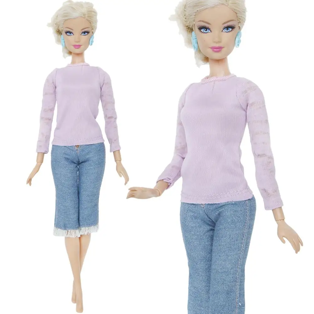 

1 Plain Doll Outfit Daily Casual Wear Denim Pants Jeans Blouses Dollhouse Accessories Clothes for Barbie Doll Girl's Toy