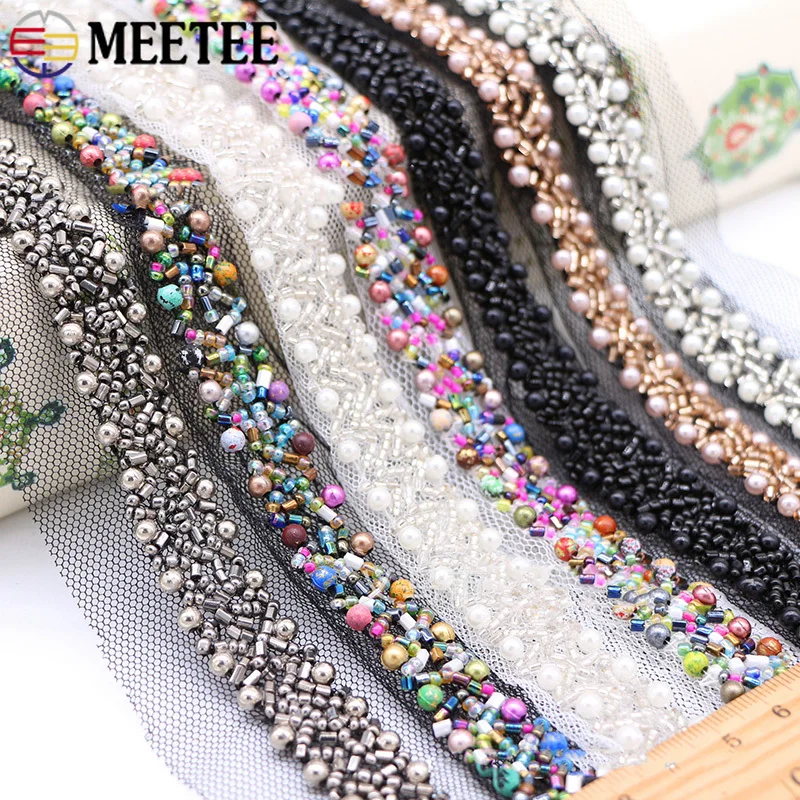 

Meetee 2Yards 15mm Manual Beaded Lace Trim Polyester Mesh Beads Decoration Lace Ribbon DIY Clothes Sewing Crop Accessories KY022