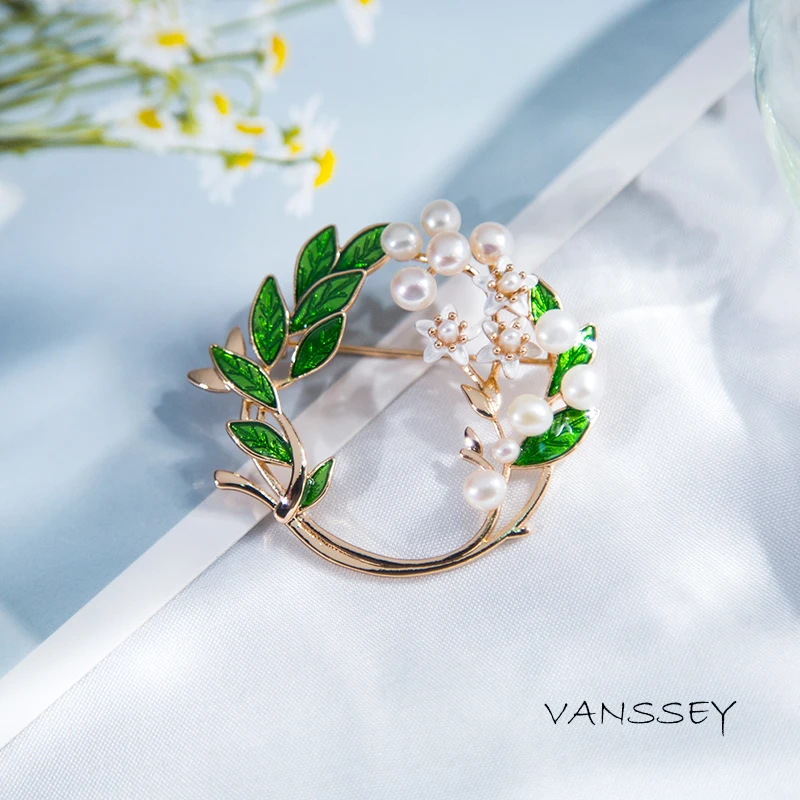 Винтажная ветка Vanssey цветок лист жасмин натуральный жемчуг эмалированная латунь