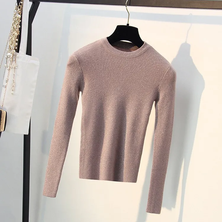 2019 Women O-Neck Knitted Tops 2019 New Spring Solid Shiny Long Sleeve Pullover  Sweater Femme Slim Jumper