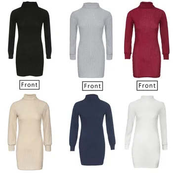 

Women Long Sleeve Knit Mini Dress 6 Pure Color Ladies Loose Casual Knitting Dress Fashion Winter Autumn Warm Turtleneck Dresses