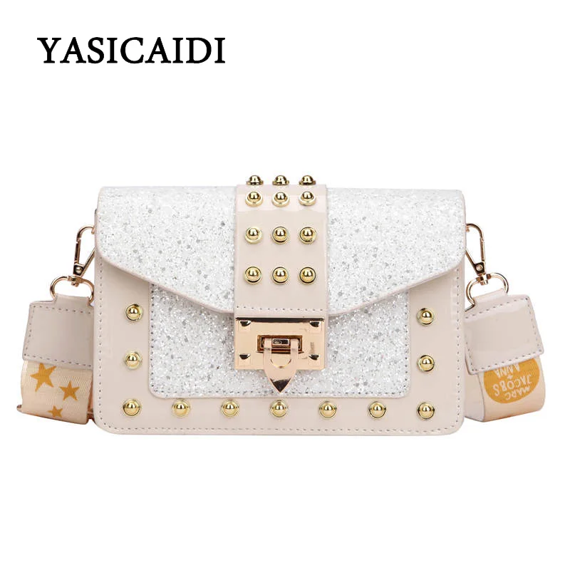

YASICAIDI Women's PU Sequins Bag Rivet Envelope Bag Graffiti Wide Shoulder Strap Fashion Trend Wild Shoulder Bag Messenger Bag
