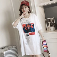 4917, в Корейском стиле; сезон лето патч Разделение совместных студент длинные короткий рукав Футболка Для женщин белый Харадзюку уличная одежда большой Размеры Женская Т-футболка