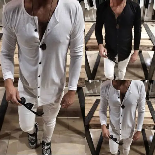 أزياء الرجال s العضلات المحملة قميص عارضة قمم صالح سليم الرقبة كم طويل قميص