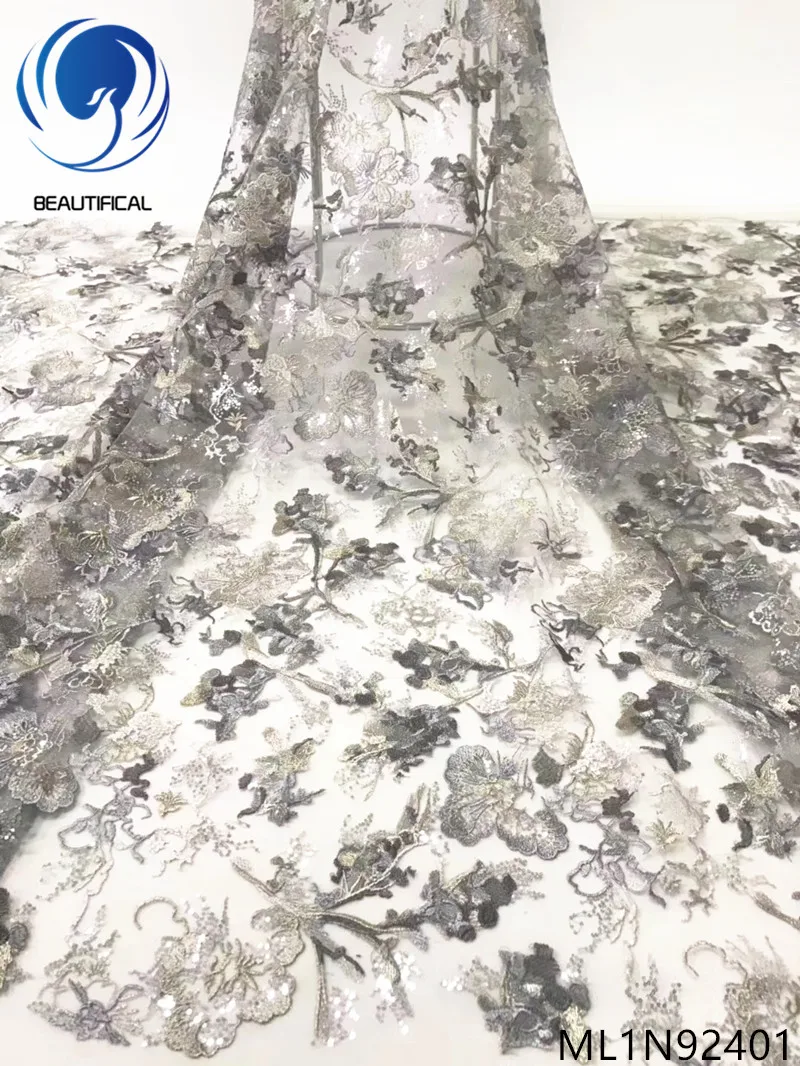 

Beautifical african lace fabrics Hot sale embroidered net lace french sequins embroidery fabric for dress 5yards ML1N924