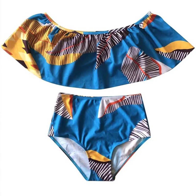 

2019 Women Two Piece Bikini Set Colorful Printed Off Shoulder Ruffle Overlay Push Up High Waist Sexy Swimsuit Women Swimwear