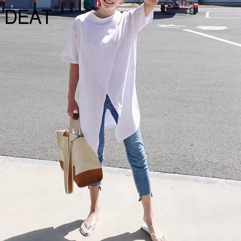 

[DEAT] 2019 New Spring Summer Round Neck Half Sleeve Iregular Hem Open Simple Casual Mid T-shirt Women Fashion Tide 10C433