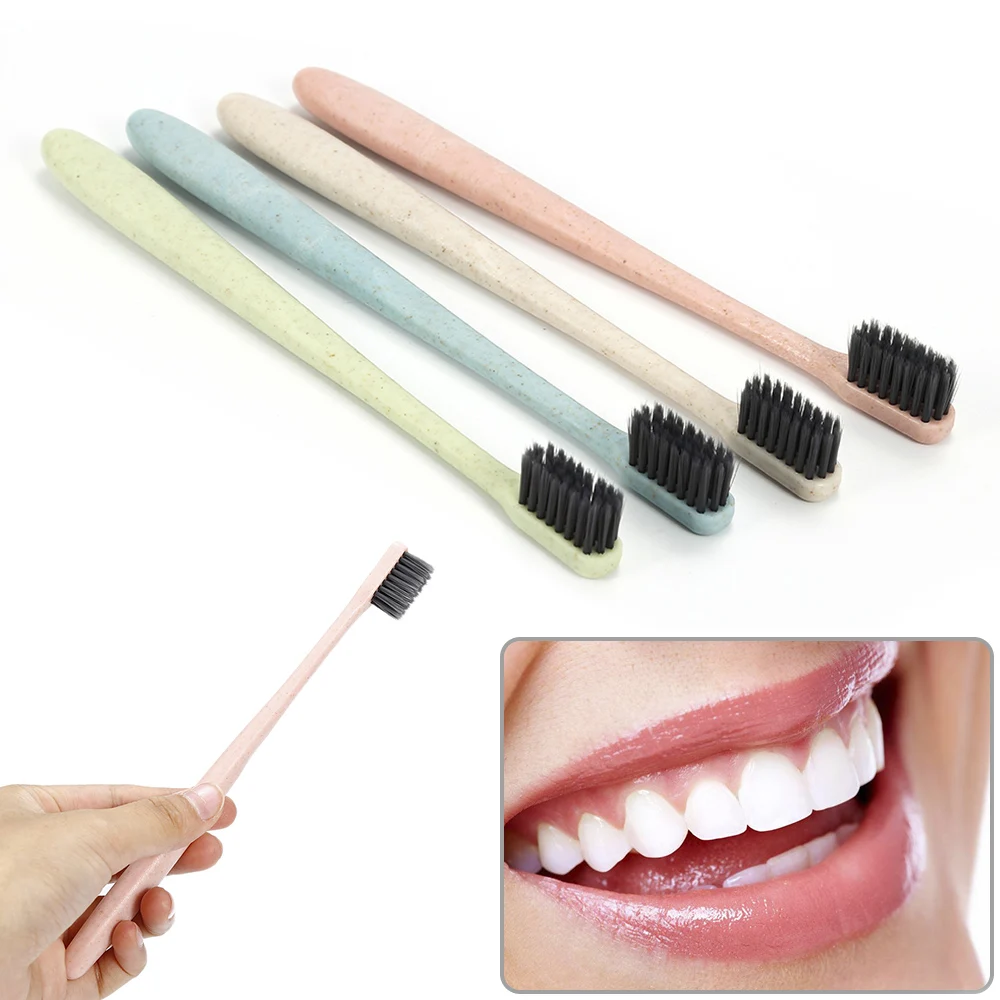 

Portable Travel Toothbrush Bamboo Charcoal Toothbrush Tongue Cleaner for Kids and Adults Wheat Straw Handle Soft Bristles