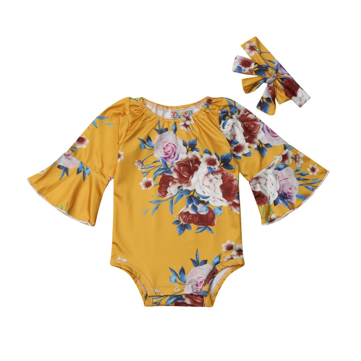 

2PCS Newborn Baby Girl Flare Long Sleeve Floral Romper Jumpsuit Headband Outfits Princess Girls Clothes 0-24M