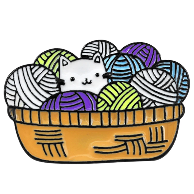 

Cute Wool Cat Brooch Yarn Basket Kitten Snuggling Fantasy Yarn Ball Enamel Pin Sweater Hat Badge Yarn And Cats Lovers Gifts