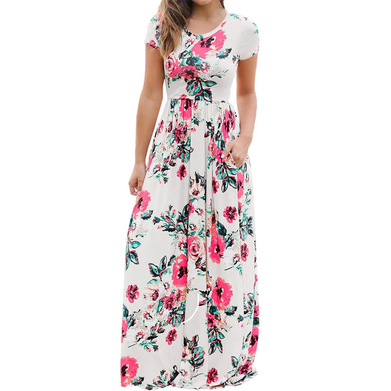 

2019 Summer Dress Women Short Sleeve Flower Maxi Dress Female Print Long Boho Vintage Femme Beach Dresses Vestidos De Verano