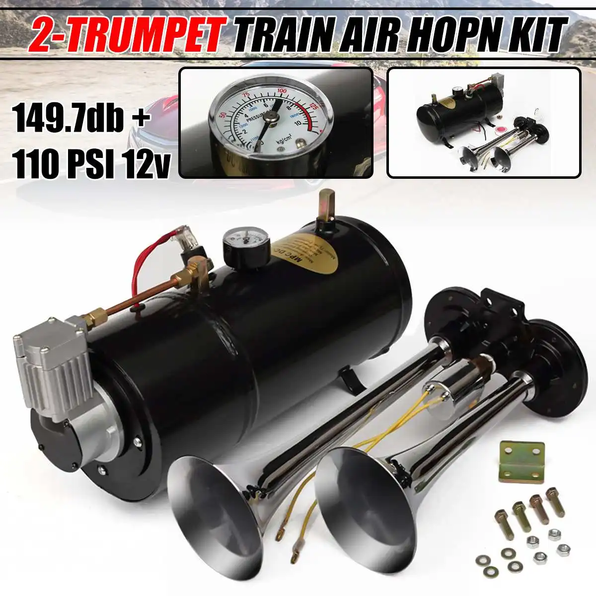 

149.7 db Loud Truck Air Horn Kit Two Trumpet 110 PSI 12V Compressor Pressure Gauge 12ft Tubing