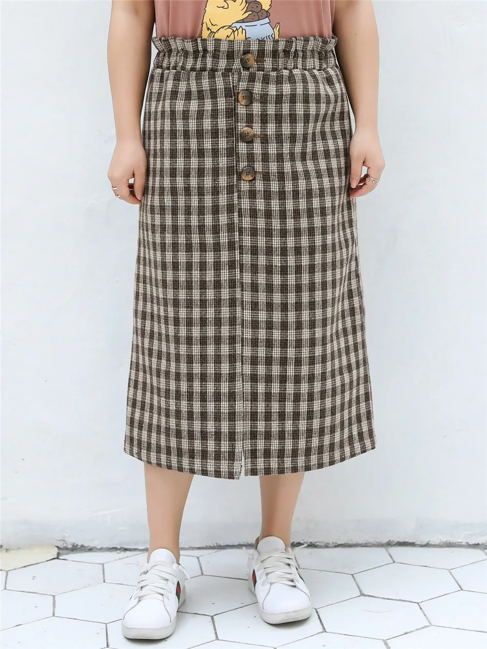 MINSUNDA Plus Size Button Fitted Plaid Skirt Casual Women Elastic Waist