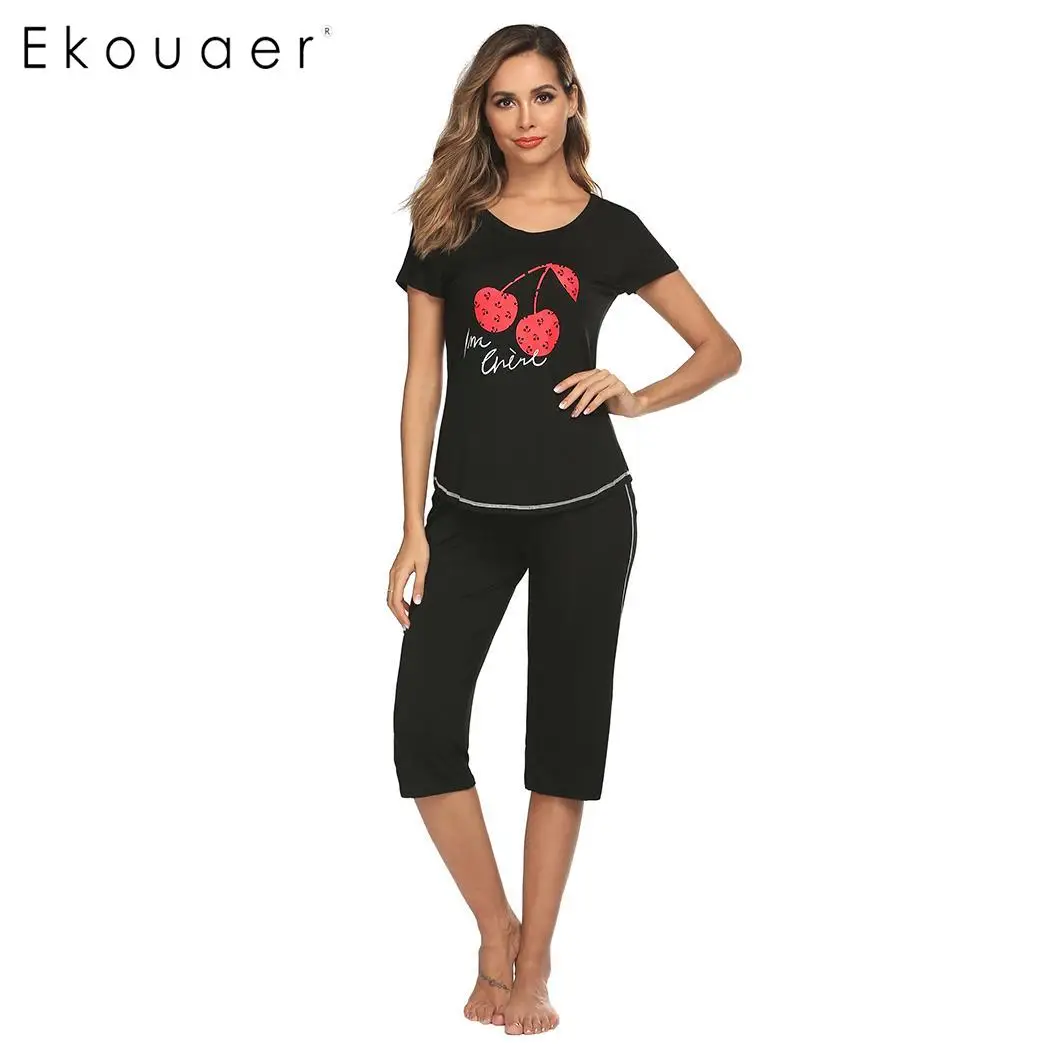 

Ekouaer Women Summer Sleepwear Pajama Suit Casual O-Neck Short Sleeve Print Top Half Pants Nightwear Set Nightie Homewear Pajama