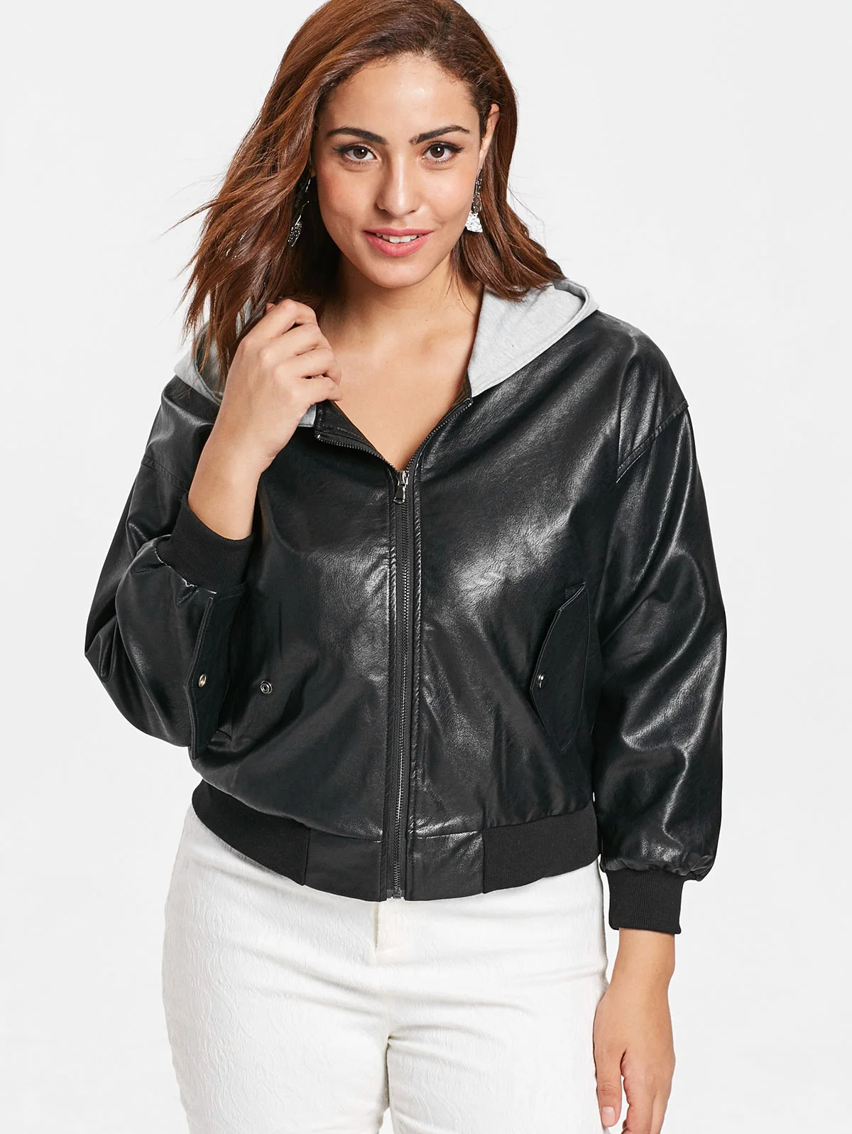 Wipalo Plus Size Faux Leather Jacket Zip Front Pockets ...