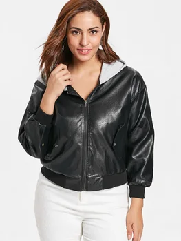 

Wipalo Plus Size Faux Leather Jacket Zip Front Pockets Hooded Streetwear Fall 2018 Autumn Women Fashion Womens Jackets Winter