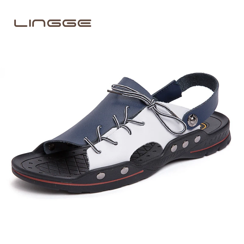 

LINGGE 2019 Summer Male Shoes Leather Sandals Dual use Leisure Flip flop Men Beach Sandals Man Fashion Outdoor Casual Slipper