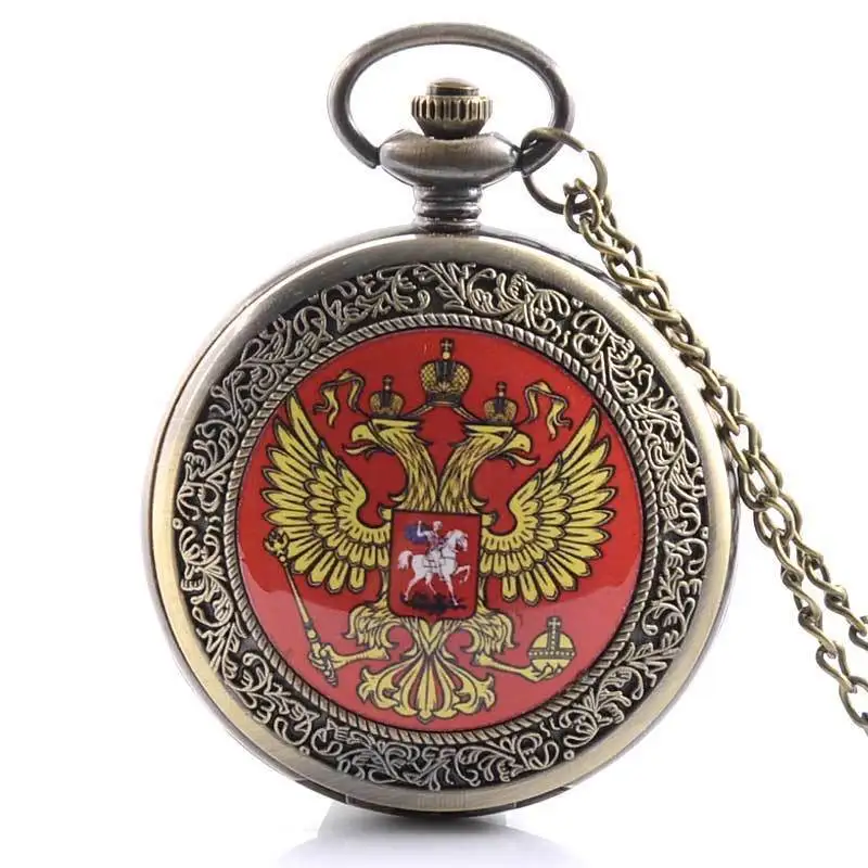 

IBEINA Antique Bronze Eagle Russia Badge Pocket Watch Necklace Pendant Theme Full Hunter Quartz Engraved Fob Chain Gift