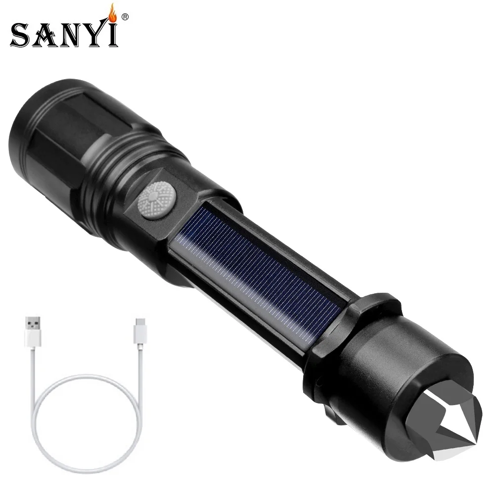 

Solar/USB Charging Tactical Flashlight Baton Torch Powerful LED 18650 Flashlights Safey Hammer for Emergency and Self Defense
