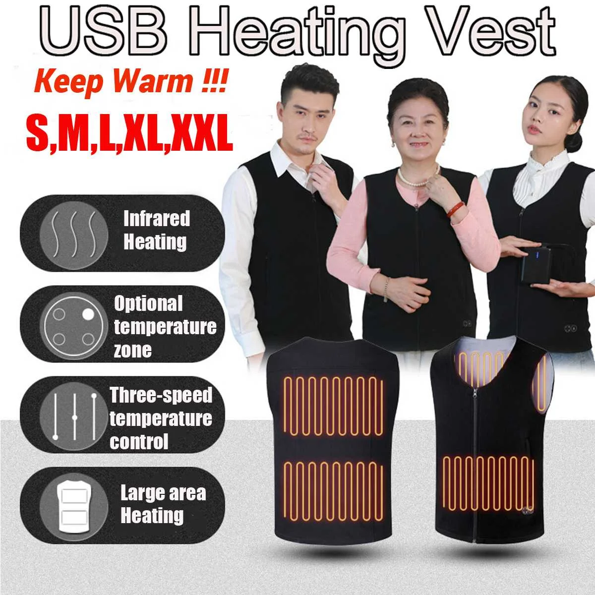 

Adjustable Men Women Outdoor USB Infrared Heating Vest Jacket Winter Flexible Electric Thermal Clothing Waistcoat Sports Hiking