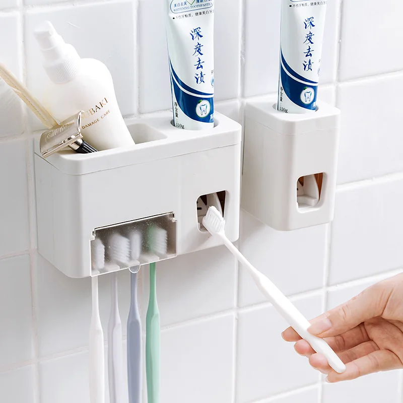 

BalleenShiny Wall-mounted Automatic Toothpaste Holder Bathroom Toothpaste Toothbrush Rack Bath Toilet Articles Organizer